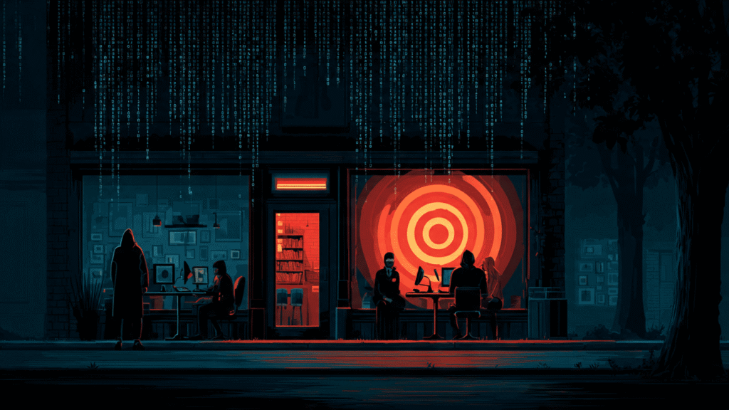 a small business storefront with a glowing